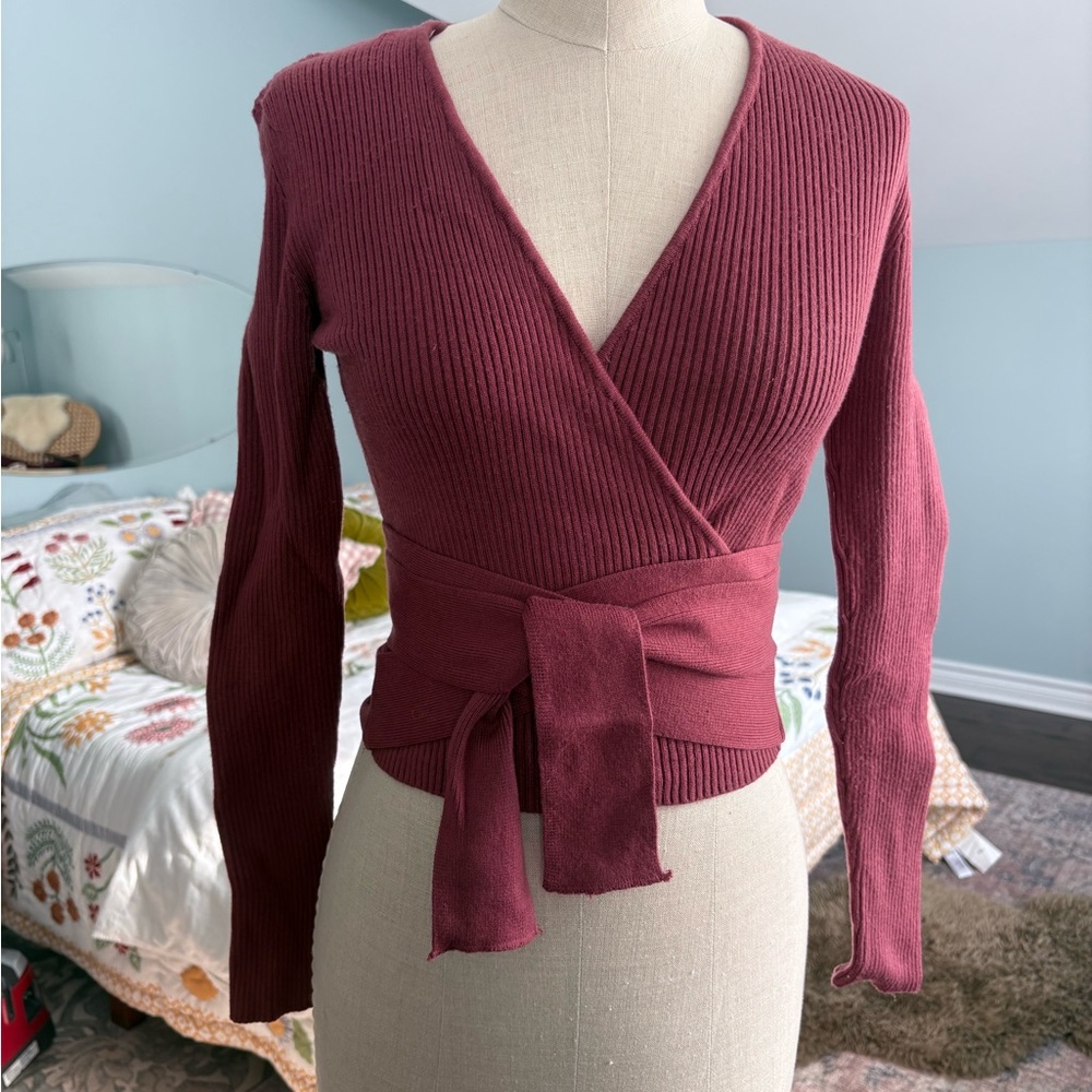 Zara Burgundy V-Neck Wrap Sweater